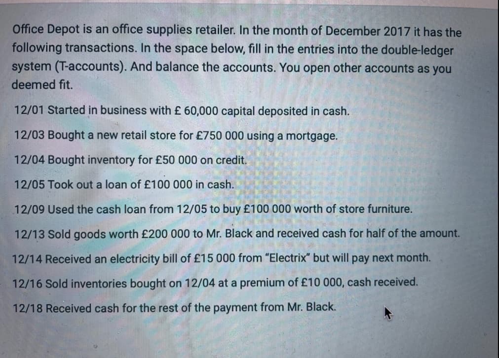 Office Depot is an office supplies retailer. In the month of December 2017 it has the
following transactions. In the space below, fill in the entries into the double-ledger
system (T-accounts). And balance the accounts. You open other accounts as you
deemed fit.
12/01 Started in business with £ 60,000 capital deposited in cash.
12/03 Bought a new retail store for £750 000 using a mortgage.
12/04 Bought inventory for £50 000 on credit.
12/05 Took out a loan of £100 000 in cash.
12/09 Used the cash loan from 12/05 to buy £100 000 worth of store furniture.
12/13 Sold goods worth £200 000 to Mr. Black and received cash for half of the amount.
12/14 Received an electricity bill of £15 000 from "Electrix" but will pay next month.
12/16 Sold inventories bought on 12/04 at a premium of £10 000, cash received.
12/18 Received cash for the rest of the payment from Mr. Black.
