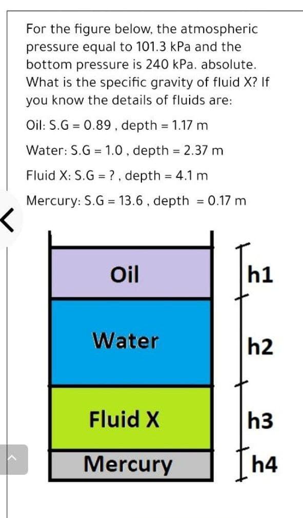 For the figure below, the atmospheric
pressure equal to 101.3 kPa and the
bottom pressure is 240 kPa. absolute.
What is the specific gravity of fluid X? If
you know the details of fluids are:
Oil: S.G = 0.89, depth = 1.17 m
Water: S.G = 1.0, depth = 2.37 m
Fluid X: S.G = ?, depth = 4.1 m
Mercury: S.G = 13.6 , depth = 0.17 m
Oil
h1
Water
h2
Fluid X
h3
Mercury
Th4
