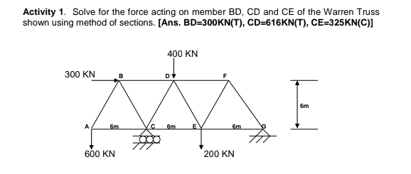 Activity 1. Solve for the force acting on member BD, CD and CE of the Warren Truss
shown using method of sections. [Ans. BD=300KN(T), CD=616KN(T), CE=325KN(C)]
400 KN
300 KN
D
6m
A
6m
6m
E
6m
600 KN
200 KN
