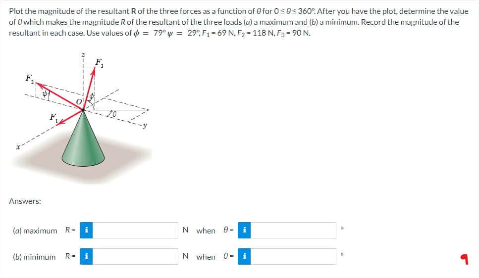 Plot the magnitude of the resultant R of the three forces as a function of 0 for 0≤ 0≤360°. After you have the plot, determine the value
of 0 which makes the magnitude R of the resultant of the three loads (a) a maximum and (b) a minimum. Record the magnitude of the
resultant in each case. Use values of = 79° w = 29° F₁ = 69 N, F₂ = 118 N, F3 = 90 N.
F₂
0
i
N when =
N when - i
F
Answers:
(a) maximum R=
i
(b) minimum R= i