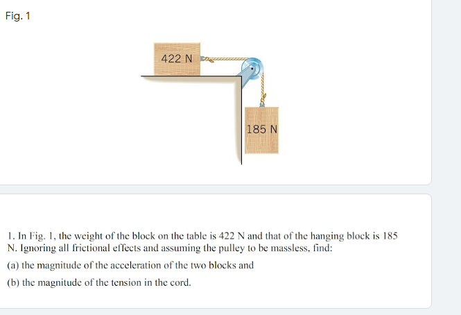 Fig. 1
422 N
185 N
1. In Fig. 1, the weight of the block on the table is 422 N and that of the hanging block is 185
N. Ignoring all frictional effects and assuming the pulley to be massless, find:
(a) the magnitude of the acceleration of the two blocks and
(b) the magnitude of the tension in the cord.
