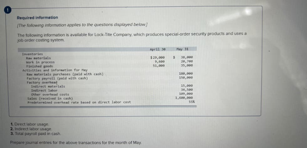 Required information
[The following information applies to the questions displayed below]
The following information is available for Lock-Tite Company, which produces special-order security products and uses a
job order costing system.
April 30
May 31
Inventories
Raw materials
Work in process
$29,000
9,600
51,000
Finished goods
Activities and information for May
Raw materials purchases (paid with cash).
Factory payroll (paid with cash)
Factory overhead
Indirect materials
Indirect labor
Other overhead costs
Sales (received in cash)
Predetermined overhead rate based on direct labor cost
1. Direct labor usage.
2. Indirect labor usage.
3. Total payroll paid in cash.
Prepare journal entries for the above transactions for the month of May.
38,000
20,700
35,000
180,000
150,000
15,000
34,500
109,000
1,600,000
55%
$