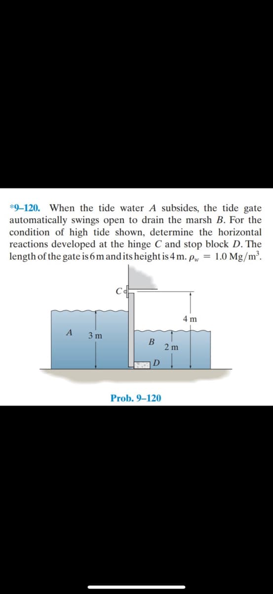 *9-120. When the tide water A subsides, the tide gate
automatically swings open to drain the marsh B. For the
condition of high tide shown, determine the horizontal
reactions developed at the hinge C and stop block D. The
length of the gate is 6 m and its height is 4 m. pw = 1.0 Mg/m³.
A
3 m
B
Prob. 9-120
2 m
4 m