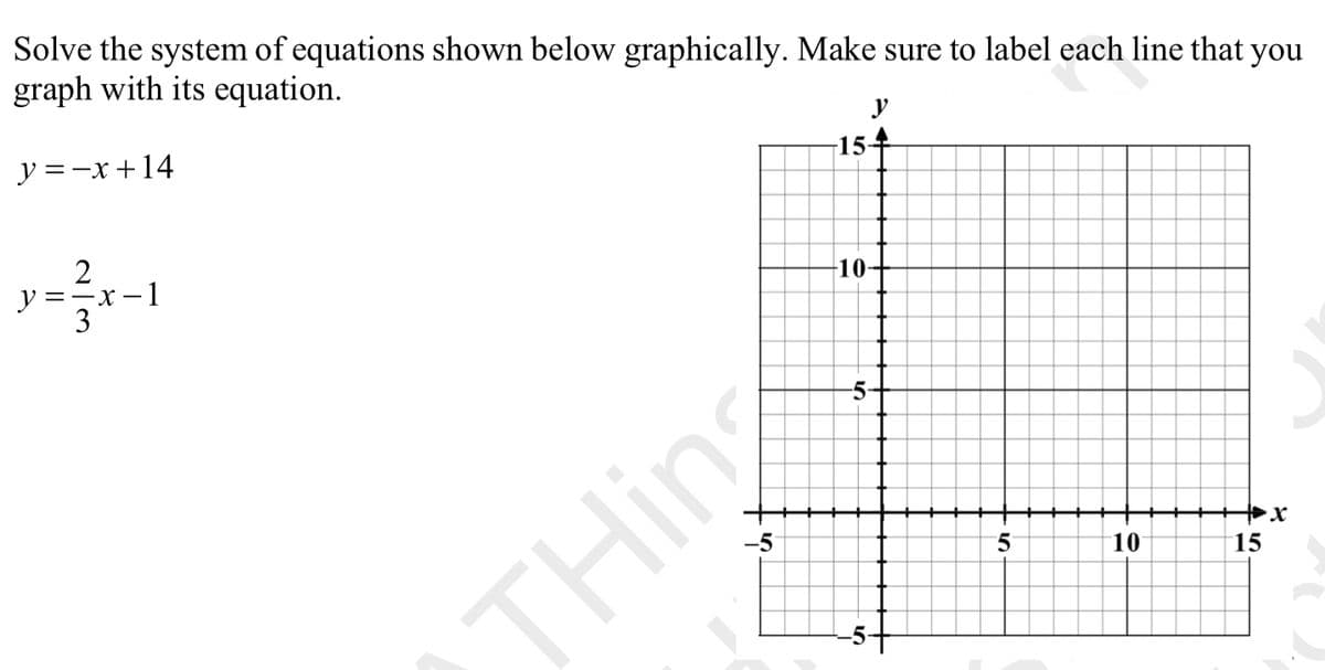 Solve the system of equations shown below graphically. Make sure to label each line that you
graph with its equation.
y
y =-x+14
15-
1
y =
3
10-
-5
x
10
15
THing
