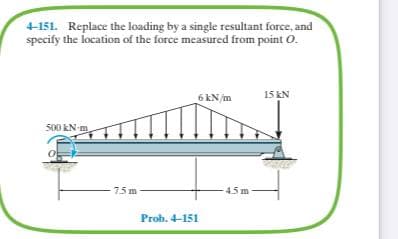 4-151. Replace the loading by a single resultant force, and
specify the location of the force measured from point O.
15 KN
6 kN/m
500 KN-m.
7.5 m
4.5 m
Prob. 4-151
