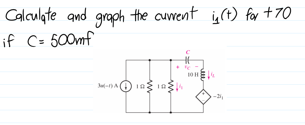 Calculate and graph the auent ü t) for +70
if C= 500mf
C
+ vc -
10 н
Зи(-1) А
1 2.
-2i1
