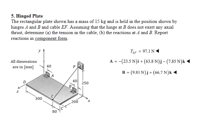 5. Hinged Plate
The rectangular plate shown has a mass of 15 kg and is held in the position shown by
hinges A and B and cable EF. Assuming that the hinge at B does not exert any axial
thrust, determine (a) the tension in the cable, (b) the reactions at A and B. Report
reactions in component form.
All dimensions
are in [mm]
Z
D
300
40
E
80
B
5
40
200
250
TEF = 97.1 N
A = -(23.5 N)i + (63.8 N)j-(7.85 N)k◄
B = (9.81 N)j + (66.7 N)k◄