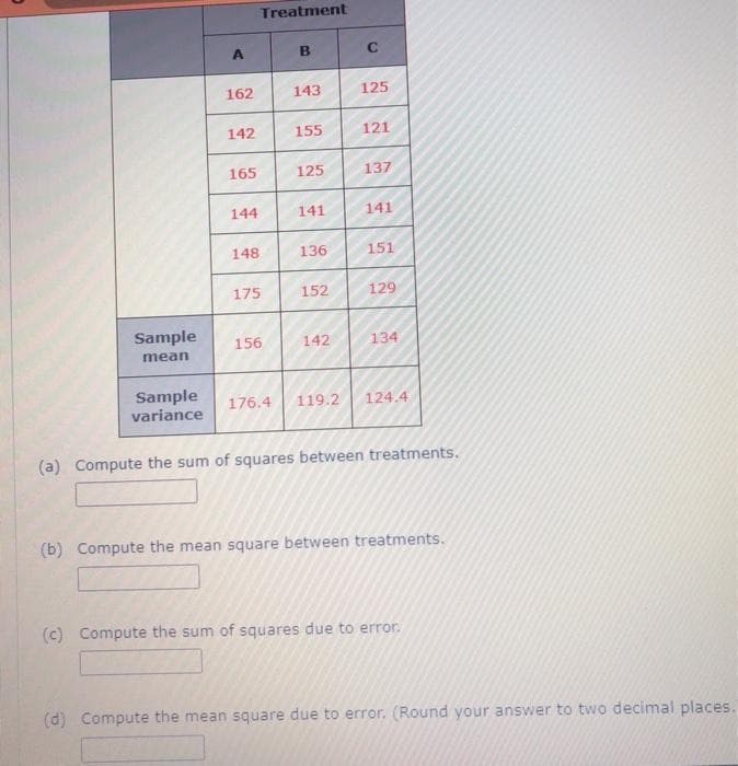 Treatment
B
162
143
125
142
155
121
165
125
137
144
141
141
148
136
151
175
152
129
Sample
156
142
134
mean
Sample
variance
176.4
119.2
124.4
(a) Compute the sum of squares between treatments.
(b) Compute the mean square between treatments.
(c) Compute the sum of squares due to error.
(d) Compute the mean square due to error. (Round your answer to two decimal places.
