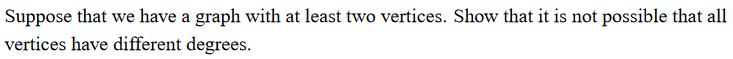 Suppose that we have a graph with at least two vertices. Show that it is not possible that all
vertices have different degrees.
