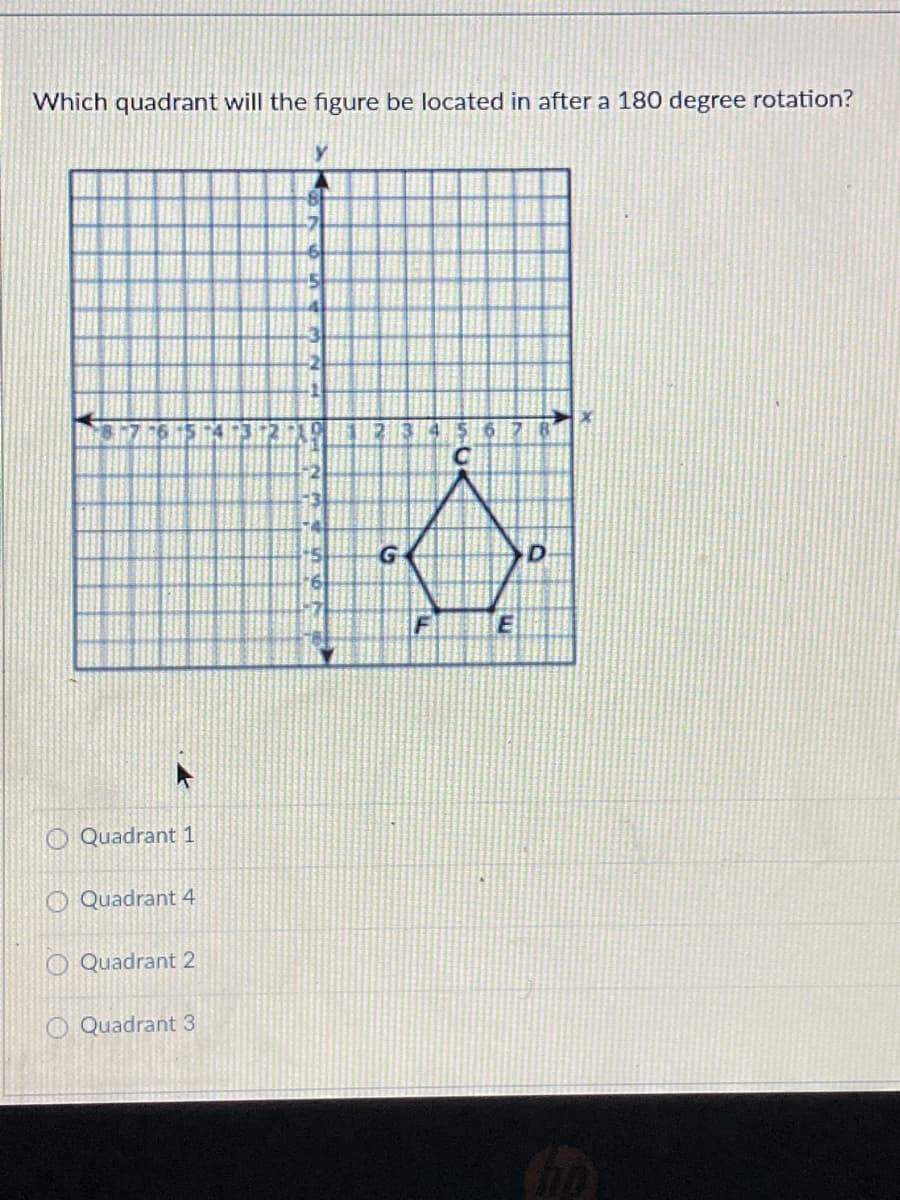 Which quadrant will the figure be located in after a 180 degree rotation?
F
O Quadrant 1
O Quadrant 4
O Quadrant 2
O Quadrant 3
