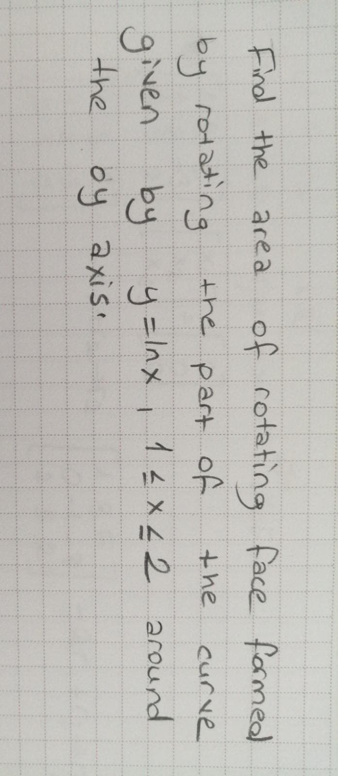 Find the area
of rotating face farmed
by rotading the part of
the
curve
y =Inx , 1<x42 around
given by
the
oy axis.
