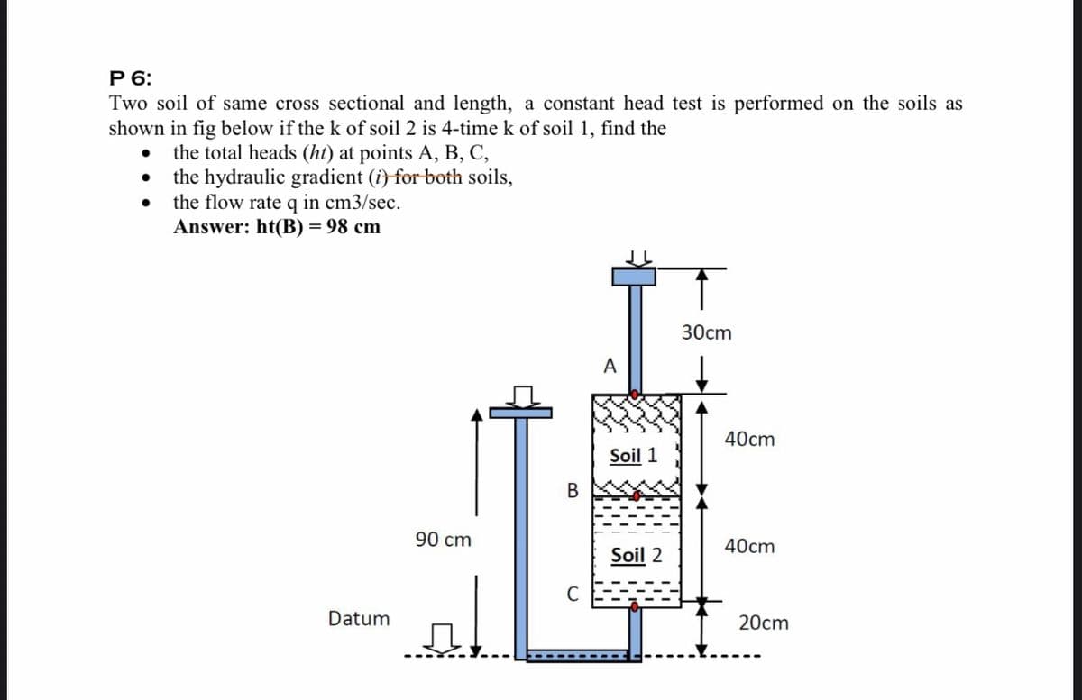 P 6:
Two soil of same cross sectional and length, a constant head test is performed on the soils as
shown in fig below if the k of soil 2 is 4-time k of soil 1, find the
the total heads (ht) at points A, B, C,
• the hydraulic gradient (i) for both soils,
the flow rate q in cm3/sec.
Answer: ht(B) = 98 cm
30cm
A
40cm
Soil 1
90 cm
40cm
Soil 2
C
Datum
20cm
