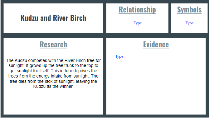 Relationship
Symbols
Kudzu and River Birch
Туре
Туре
Research
Evidence
Туре
The Kudzu competes with the River Birch tree for
sunlight. It grows up the tree trunk to the top to
get sunlight for itself. This in turn deprives the
trees from the energy intake from sunlight. The
tree dies from the lack of sunlight, leaving the
Kudzu as the winner.
