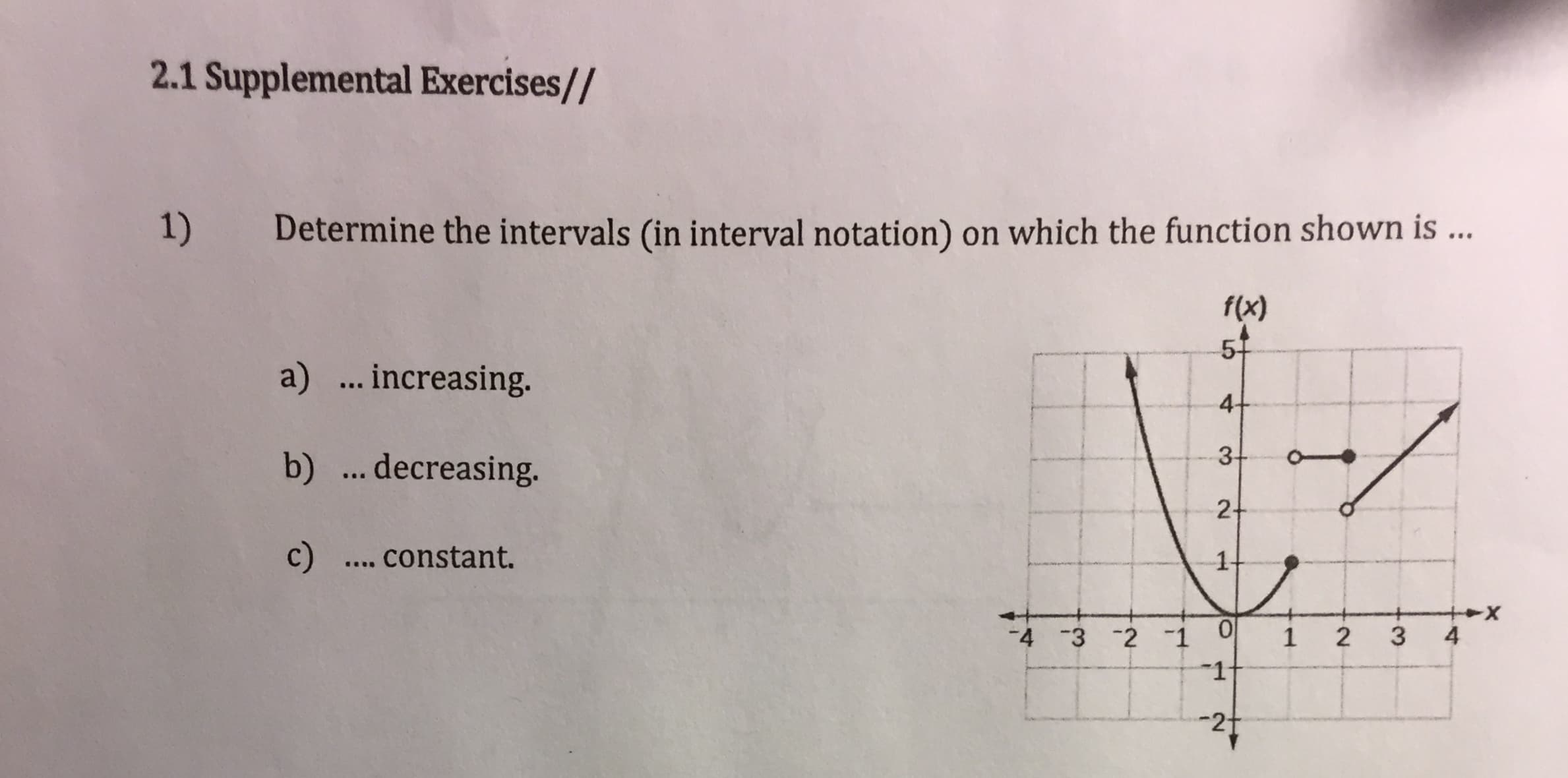 2.1 Supplemental Exercises//
1)
Determine the intervals (in interval notation) on which the function shown is ...
f(x)
a) . increasing.
b) .. decreasing.
c)
.... constant.
-4 -3 -2 -1 0
-1t
-2+
4.
3.
2.
3.
2.
1.
