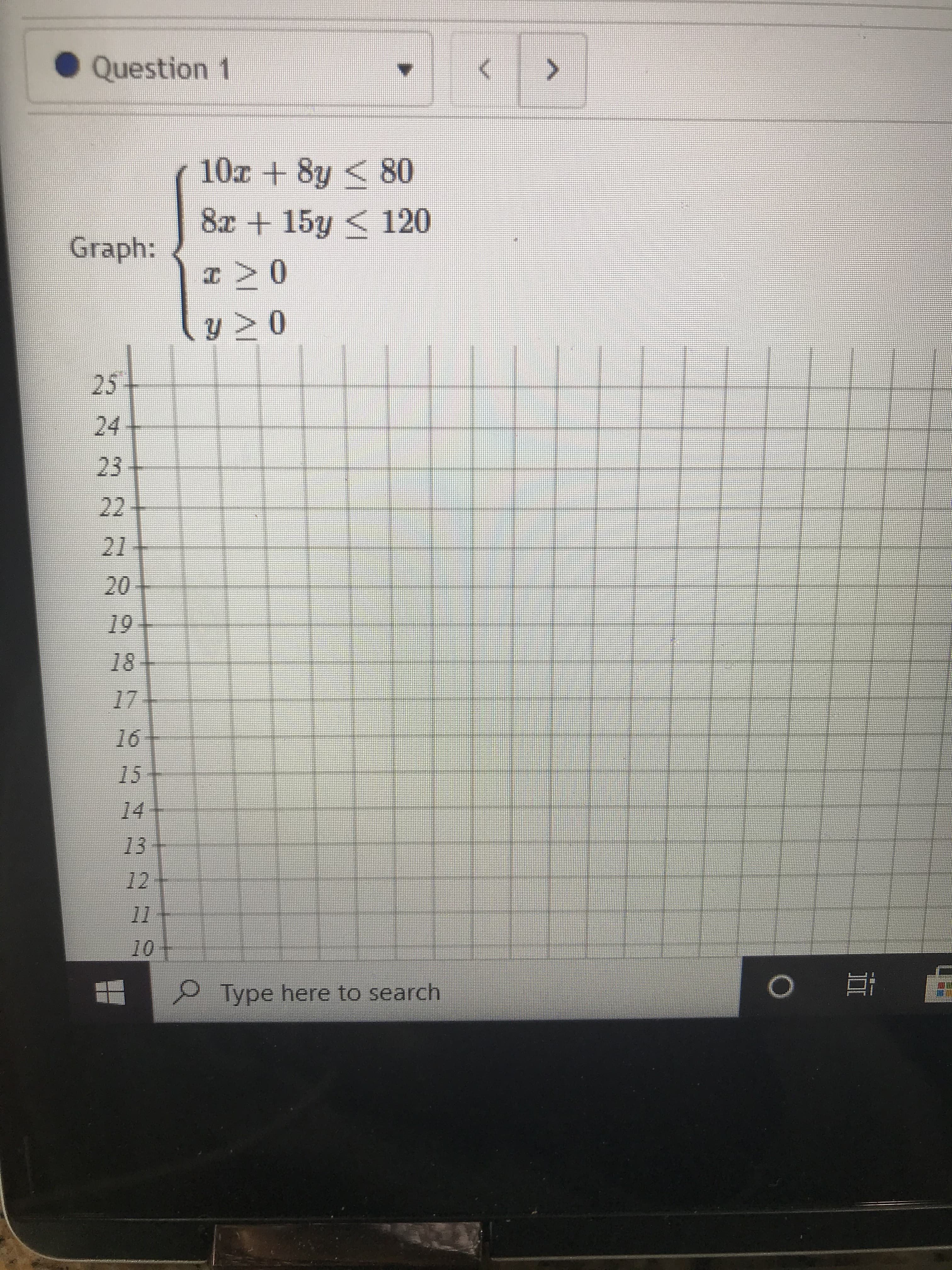 10 + 8y < 80
8x +15y < 120
Graph:
y 0
