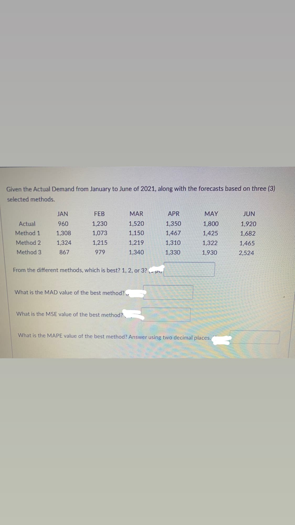 Given the Actual Demand from January to June of 2021, along with the forecasts based on three (3)
selected methods.
JAN
FEB
MAR
APR
MAY
JUN
Actual
960
1,230
1,520
1,350
1,800
1,920
Method 1
1,308
1,073
1,150
1,467
1,425
1,682
Method 2
1,324
1,215
1,219
1,310
1,322
1,465
Method 3
867
979
1,340
1,330
1,930
2,524
From the different methods, which is best? 1, 2, or 3? py
What is the MAD value of the best method?
What is the MSE value of the best method?
What is the MAPE value of the best method? Answer using two decimal places.