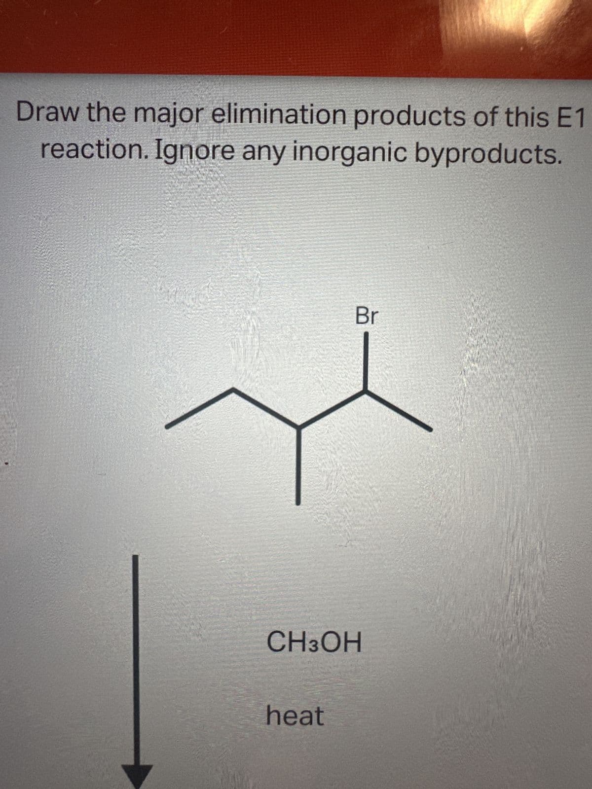 Draw the major elimination products of this E1
reaction. Ignore any inorganic byproducts.
Br
CH3OH
heat