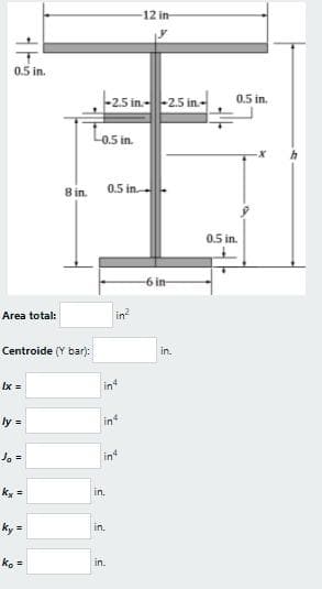 12 in
0.5 in.
-2.5 in.--2.5 in.-
0.5 in.
Los in.
8 in. 0.5 in
0.5 in.
-6 in
Area total:
in?
Centroide (Y bar):
in.
Ix =
in
ly =
in
Jo =
in4
kx =
in.
ky =
in.
!3!
ko =
in.
