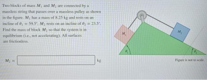 Two blocks of mass Mi and M2 are connected by a
massless string that passes over a massless pulley as shown
in the figure. M, has a mass of 8.25 kg and rests on an
incline of 0, = 59.5. M, rests on an incline of 02 = 23.5.
%3D
M2
Find the mass of block M2 so that the system is in
M.
equilibrium (i.e., not accelerating). All surfaces
are frictionless.
Figure is not to scale.
kg
M2 =
