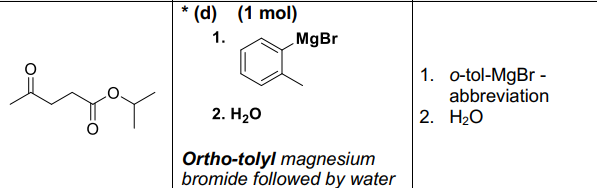 * (d) (1 mol)
1.
MgBr
1. o-tol-MgBr -
abbreviation
2. H2о
2. НО
Ortho-tolyl magnesium
bromide followed by water
