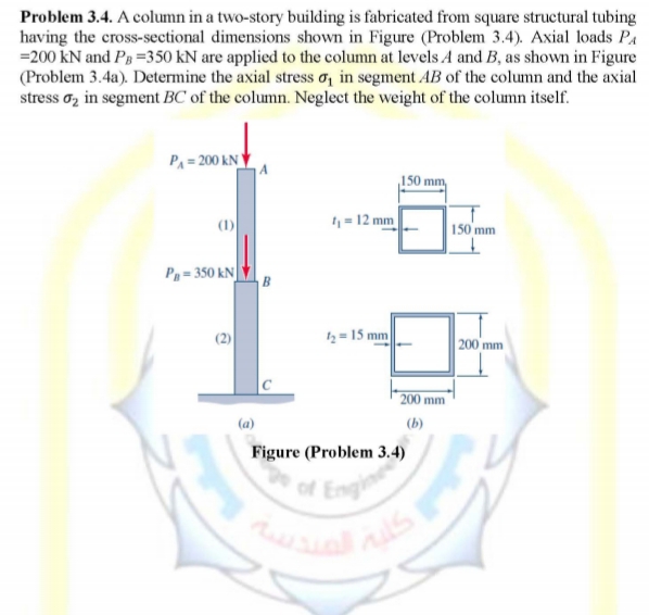 Problem 3.4. A column in a two-story building is fabricated from square structural tubing
having the cross-sectional dimensions shown in Figure (Problem 3.4). Axial loads PA
=200 KN and Pg =350 kN are applied to the column at levels A and B, as shown in Figure
(Problem 3.4a). Determine the axial stress o, in segment AB of the column and the axial
stress o, in segment BC of the column. Neglect the weight of the column itself.
PA = 200 kN
150 mm,
1 = 12 mm
150 mm
P= 350 kN
(2)
12= 15 mm
200 mm
200 mm
(a)
(b)
Figure (Problem 3.4)
