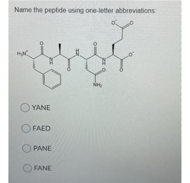 Name the peptide using one-letter abbreviations:
H3N
NH2
O YANE
O FAED
PANE
O FANE
