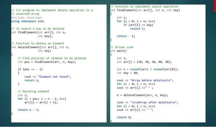 //C++ program to implement delete operation in a
//unsorted array
#include <iostream>
using namespace std;
// To search a key to be deleted
int findElement(int arr[], int n,
int key);
// Function to delete an element
int deleteElement(int arr[], int n,
int key)
(
// Find position of element to be deleted
int pos findElement(arr, n, key);
if (pos=-1)
cout << "Element not found";
return n;
}
// Deleting element
int i;
for (i = pos; i < n 1; i++)
arr[i] arr[i+1];
return n 1;
// Function to implement search operation
int findElement(int arr[], int n, int key)
(
int i;
for (i = 0; i<n; i++)
if (arr[i]== key)
return i;
return 1;
>
// Driver code
int main()
(
int i;
int arr[] (10, 50, 30, 40, 20);
int n sizeof(arr) / sizeof(arr[0]);
int key = 30;
cout << "Array before deletion\n";
for (i = 0; i<n; i++)
cout << arr[i]<<";
n = deleteElement(arr, n, key);
cout << "\n\nArray after deletion\n";
for (i=0; i<n; i++)
cout << arr[i] << " ";
return 0;