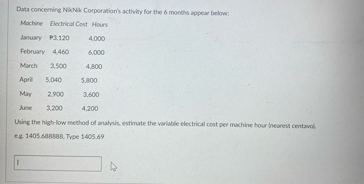 Data concerning NikNik Corporation's activity for the 6 months appear below:
Machine
Electrical Cost Hours
January
P3,120
4,000
February 4,460
6,000
March
3,500
4,800
April
5,040
5,800
May
2,900
3,600
June
3,200
4,200
Using the high-low method of analysis, estimate the variable electrical cost per machine hour (nearest centavo).
e.g. 1405.688888, Type 1405.69
