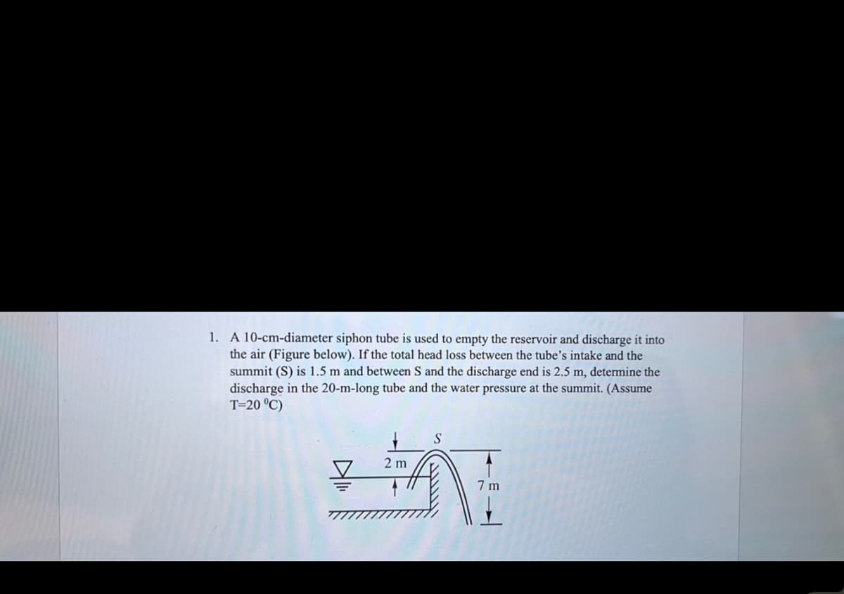 1. A 10-cm-diameter siphon tube is used to empty the reservoir and discharge it into
the air (Figure below). If the total head loss between the tube's intake and the
summit (S) is 1.5 m and between S and the discharge end is 2.5 m, determine the
discharge in the 20-m-long tube and the water pressure at the summit. (Assume
T=20 °C)
2 m
7m