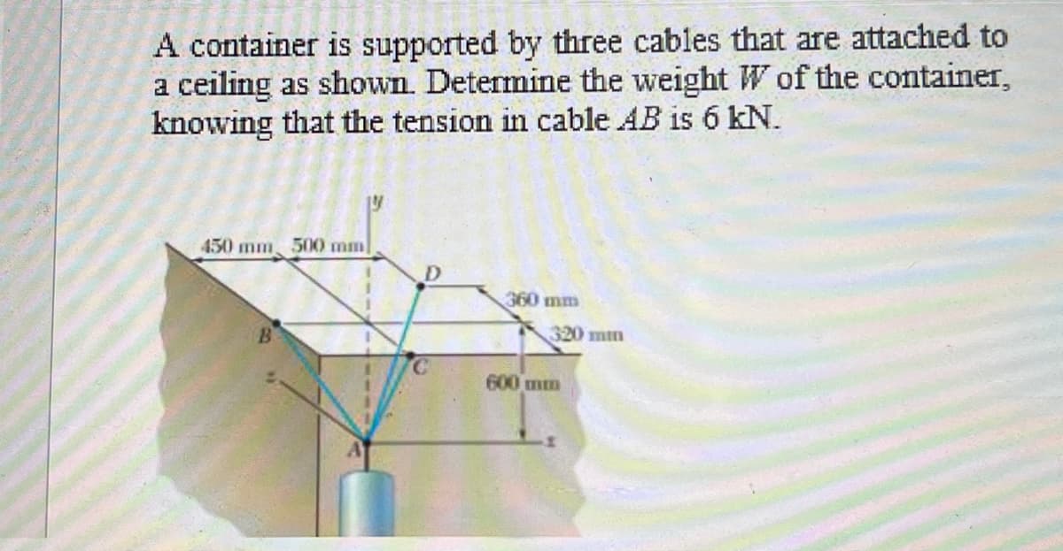 A container is supported by three cables that are attached to
a ceiling as shown. Determine the weight W of the container,
knowing that the tension in cable AB is 6 kN.
450 mm 500 mm
B
19
D
360 mm
320 mm
600 mm