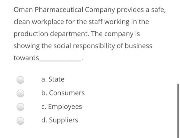 Oman Pharmaceutical Company provides a safe,
clean workplace for the staff working in the
production department. The company is
showing the social responsibility of business
towards
a. State
b. Consumers
c. Employees
d. Suppliers
