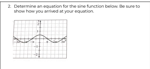 2. Determine an equation for the sine function below. Be sure to
show how you arrived at your equation.
T
1
-1-
+
2= 3m