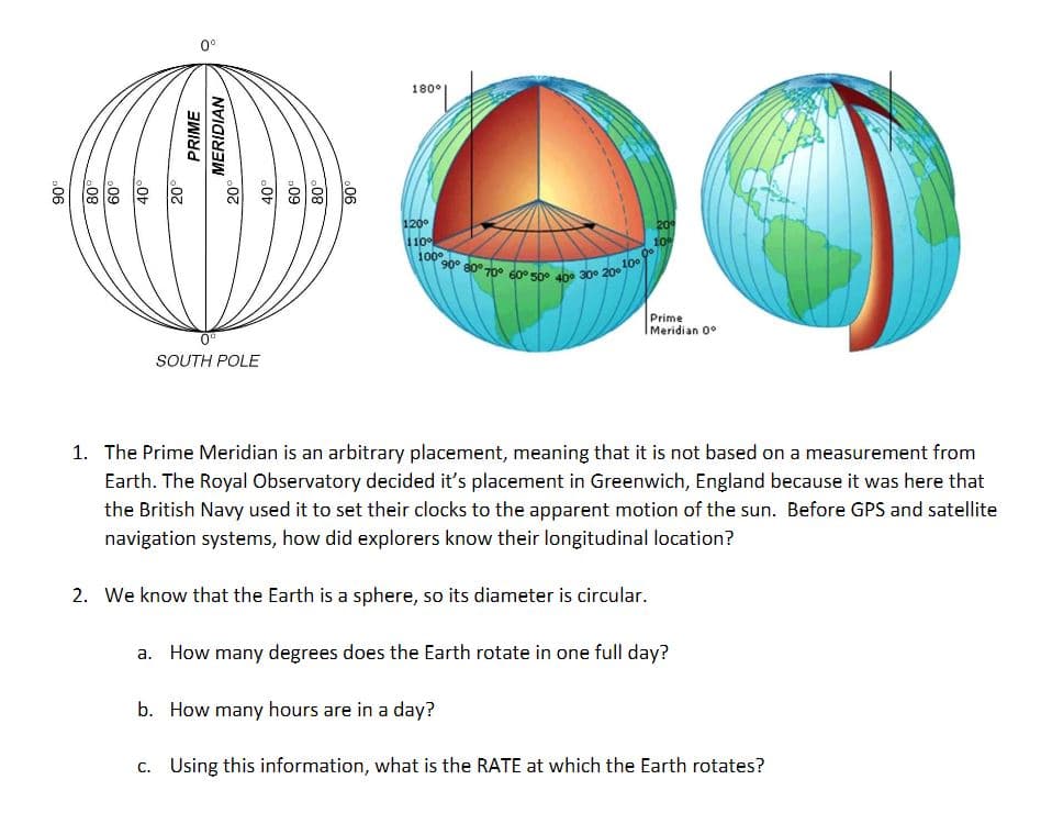 0°
180°
8 a 88 8
1200
110
1000
209
100
Prime
IMeridian 0°
SOUTH POLE
1. The Prime Meridian is an arbitrary placement, meaning that it is not based on a measurement from
Earth. The Royal Observatory decided it's placement in Greenwich, England because it was here that
the British Navy used it to set their clocks to the apparent motion of the sun. Before GPS and satellite
navigation systems, how did explorers know their longitudinal location?
2. We know that the Earth is a sphere, so its diameter is circular.
a. How many degrees does the Earth rotate in one full day?
b. How many hours are in a day?
c. Using this information, what is the RATE at which the Earth rotates?
PRIME
MERIDIAN
