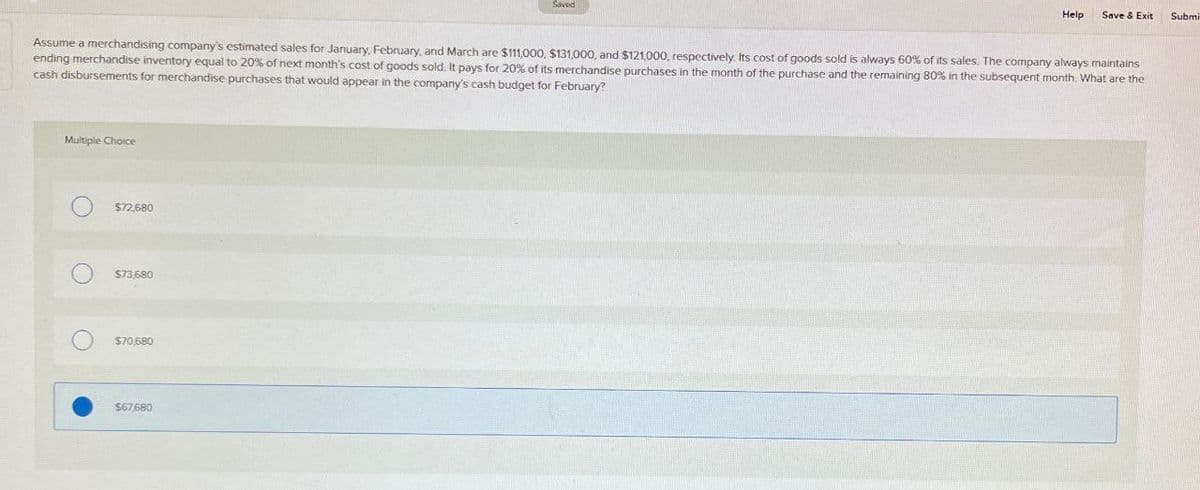 Saved
Assume a merchandising company's estimated sales for January, February, and March are $111,000, $131,000, and $121,000, respectively. Its cost of goods sold is always 60% of its sales. The company always maintains
ending merchandise inventory equal to 20% of next month's cost of goods sold. It pays for 20% of its merchandise purchases in the month of the purchase and the remaining 80% in the subsequent month. What are the
cash disbursements for merchandise purchases that would appear in the company's cash budget for February?
Multiple Choice
O
$72,680
$73,680
$70,680
$67,680
Help
Save & Exit
Submi