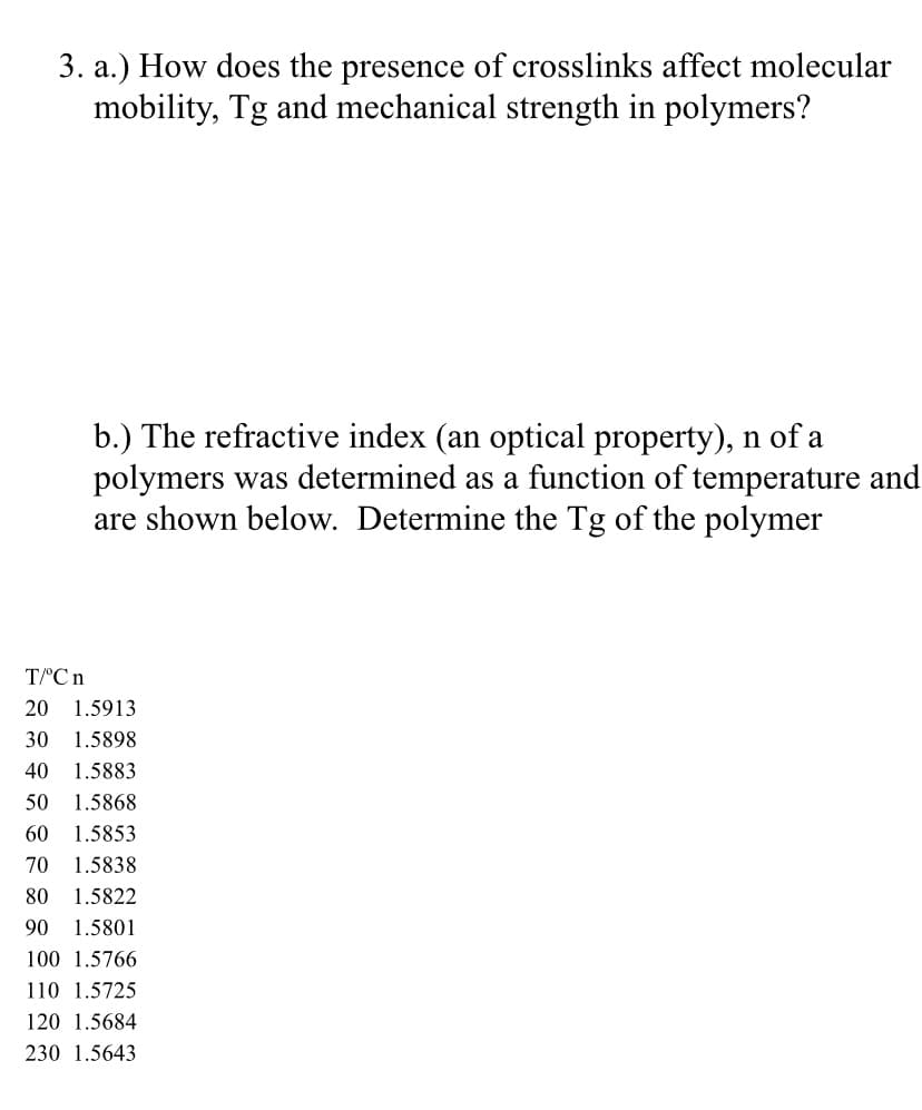 3. a.) How does the presence of crosslinks affect molecular
mobility, Tg and mechanical strength in polymers?
