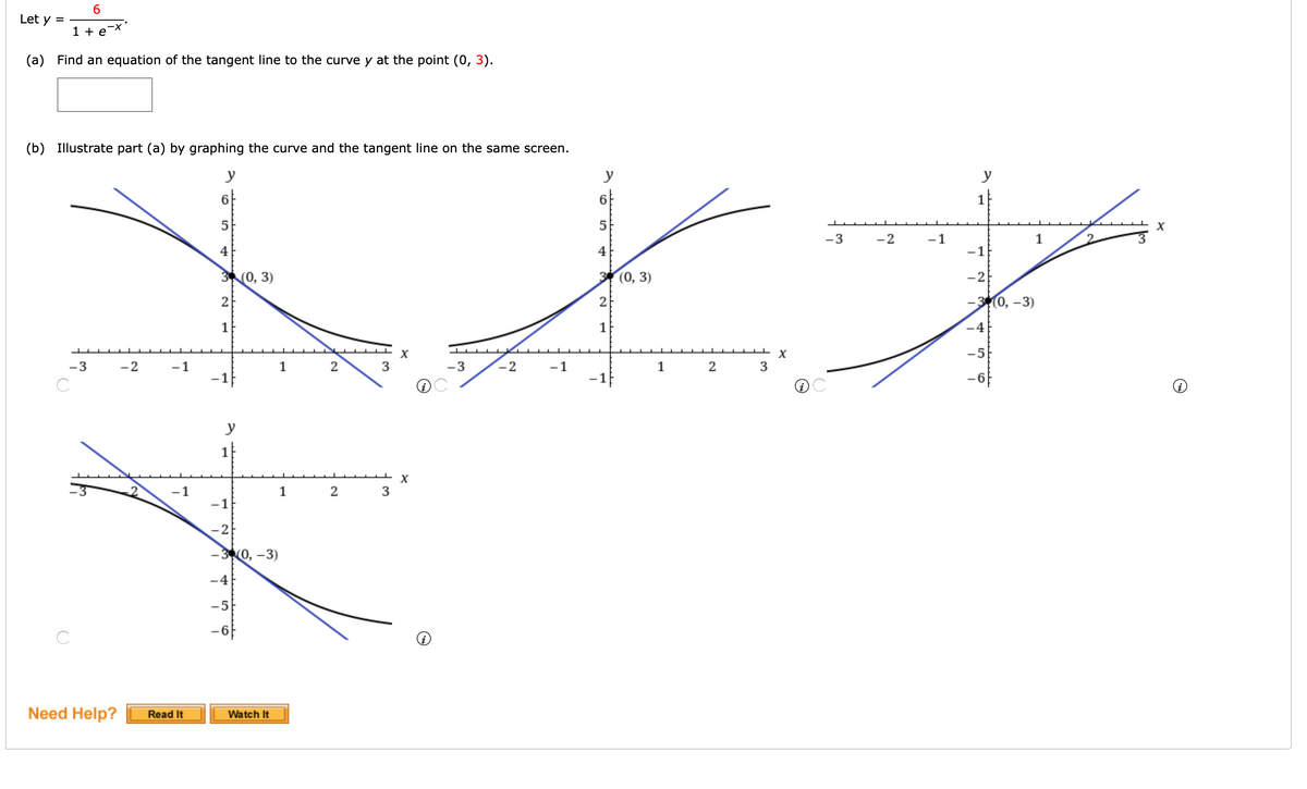 Let y =
1 + e-x*
(a) Find an equation of the tangent line to the curve y at the point (0, 3).
(b) Illustrate part (a) by graphing the curve and the tangent line on the same screen.
y
y
y
6
6
5
-3
-2
-1
4
4
-1
3(0, 3)
(0, 3)
-2
2
-30, -3)
1
1
-4
X
-5
-3
-2
-1
1
2
-3
-2
-1
1
2
3
-1
-1
y
1
X
-1
1
2
3
-1
- 30, -3)
-4
-5
-6
Need Help?
Read It
Watch It
2.
