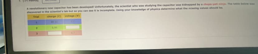 A revolutionary new capacitor has been developed! Unfortunately, the scientist who was studying the capacitor was kidnapped by a chupa-yeti-ninja. The table below was
discovered in the scientist's lab but as you can see it is incomplete. Using your knowledge of physics determine what the missing values should be.
Trial charge (C) voltage (V)
89.32
6.96
1
2
3
4.7