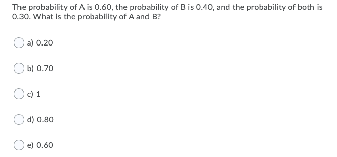 The probability of A is 0.60, the probability of B is 0.40, and the probability of both is
0.30. What is the probability of A and B?
a) 0.20
b) 0.70
c) 1
d) 0.80
O e) 0.60
