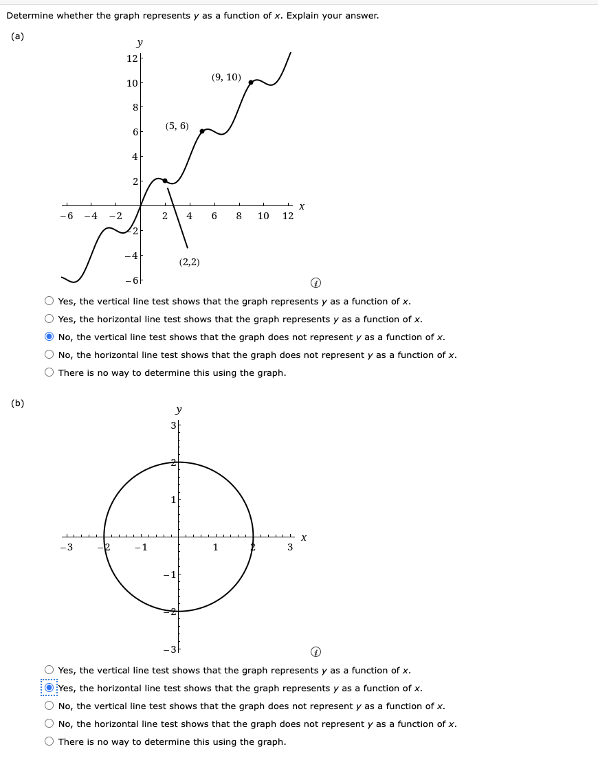 Determine whether the graph represents y as a function of x. Explain your answer.
(a)
y
12
(9, 10)
10
8
(5, 6)
4
2
-4
-2
2
4
6.
8
10
12
(2,2)
O Yes, the vertical line test shows that the graph represents y as a function of x.
O Yes, the horizontal line test shows that the graph represents y as a function of x.
O No, the vertical line test shows that the graph does not represent y as a function of x.
O No, the horizontal line test shows that the graph does not represent y as a function of x.
O There is no way to determine this using the graph.
(b)
y
-3
O Yes, the vertical line test shows that the graph represents y as a function of x.
***:
:O:Yes, the horizontal line test shows that the graph represents y as a function of x.
.....:
O No, the vertical line test shows that the graph does not represent y as a function of x.
O No, the horizontal line test shows that the graph does not represent y as a function of x.
O There is no way to determine this using the graph.
