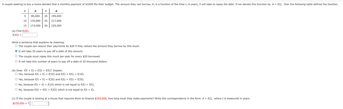 A couple seeking to buy a home decides that a monthly payment of $1600 fits their budget. The amount they can borrow, A, is a function of the time t, in years, it will take to repay the debt. If we denote this function by A = f(t), then the following table defines the function.
A
t
A
80,000
20
199,000
10
135,000
25
217,000
15
173,000
30
229,000
(a) Find f(20).
f(20) =
Write a sentence that explains its meaning.
O The couple can reduce their payments by $20 if they reduce the amount they borrow by this much.
O It will take 20 years to pay off a debt of this amount.
O The couple must repay this much per year for every $20 borrowed.
O It will take this number of years to pay off a debt of 20 thousand dollars.
(b) Does f(5 + 5) = f(5) + f(5)? Explain.
O Yes, because f(5 + 5) = f(10) and f(5) + f(5) = f(10).
O Yes, because f(5 + 5) = f(25) and f(5) + f(5) = f(25).
O No, because f(5 + 5) = f(10) which is not equal to f(5) + f(5).
O No, because f(5) + f(5) = f(25) which is not equal to f(5 + 5).
(c) If the couple is looking at a house that requires them to finance $229,000, how long must they make payments? Write this correspondence in the form A = f(t), where t is measured in years.
$229,000 = f
