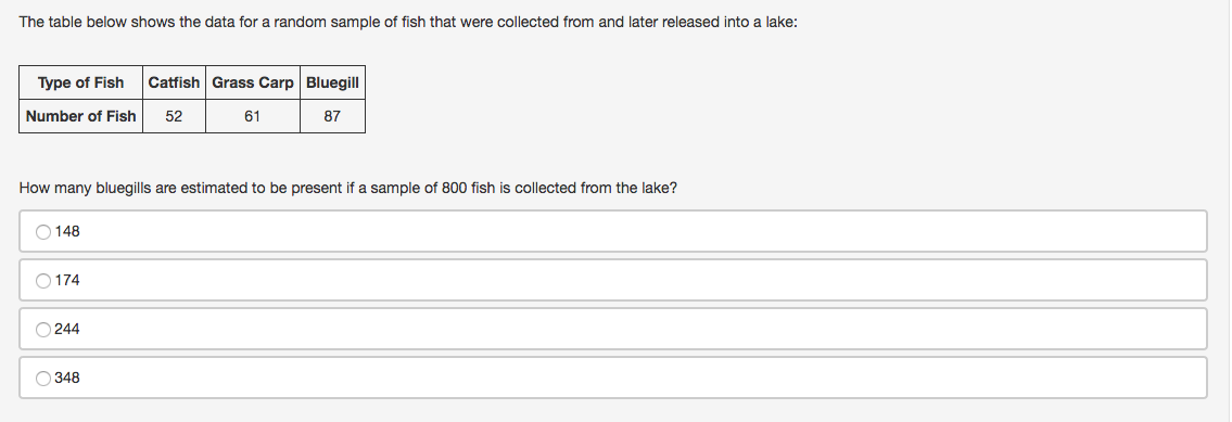 The table below shows the data for a random sample of fish that were collected from and later released into a lake:
Type of Fish Catfish Grass Carp Bluegill
Number of Fish 52
61
87
How many bluegills are estimated to be present if a sample of 800 fish is collected from the lake?
148
O174
244
348
