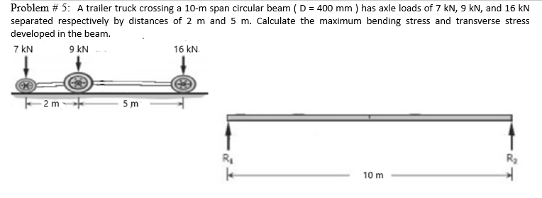 Problem # 5: A trailer truck crossing a 10-m span circular beam (D = 400 mm) has axle loads of 7 kN, 9 kN, and 16 kN
separated respectively by distances of 2 m and 5 m. Calculate the maximum bending stress and transverse stress
developed in the beam.
7 kN
9 KN
-2 m
5m
16 kN.
R₁
k
10 m
R₂