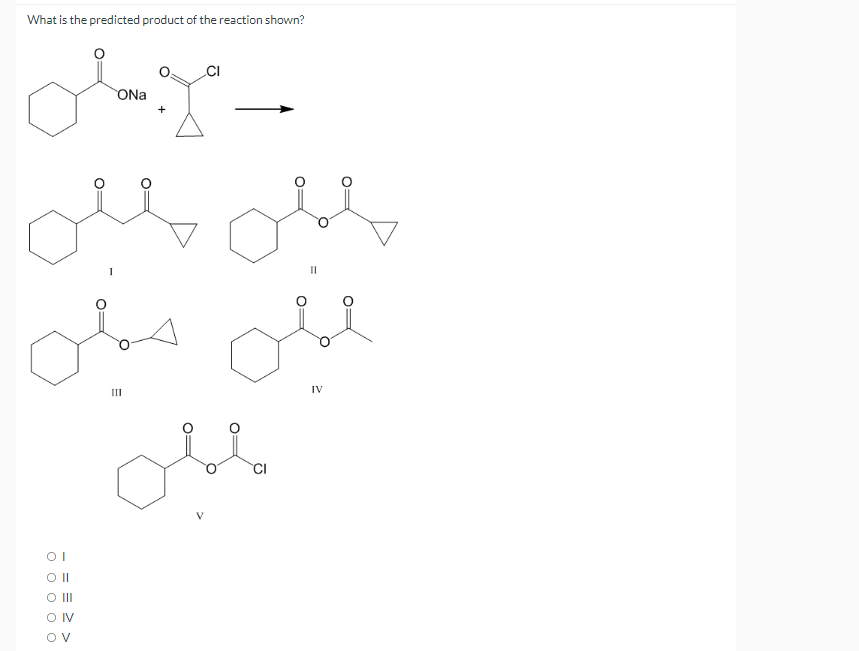 What is the predicted product of the reaction shown?
CI
ONa
+
II
II
IV
CI
O II
O IV
