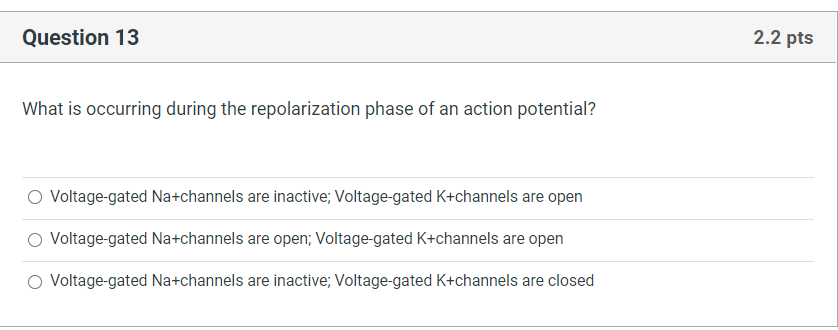 Question 13
2.2 pts
What is occurring during the repolarization phase of an action potential?
Voltage-gated Na+channels are inactive; Voltage-gated K+channels are open
Voltage-gated Na+channels are open; Voltage-gated K+channels are open
Voltage-gated Na+channels are inactive; Voltage-gated K+channels are closed
