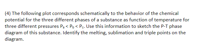 (4) The following plot corresponds schematically to the behavior of the chemical
potential for the three different phases of a substance as function of temperature for
three different pressures Pa < Pp < Pc. Use this information to sketch the P-T phase
diagram of this substance. Identify the melting, sublimation and triple points on the
diagram.
