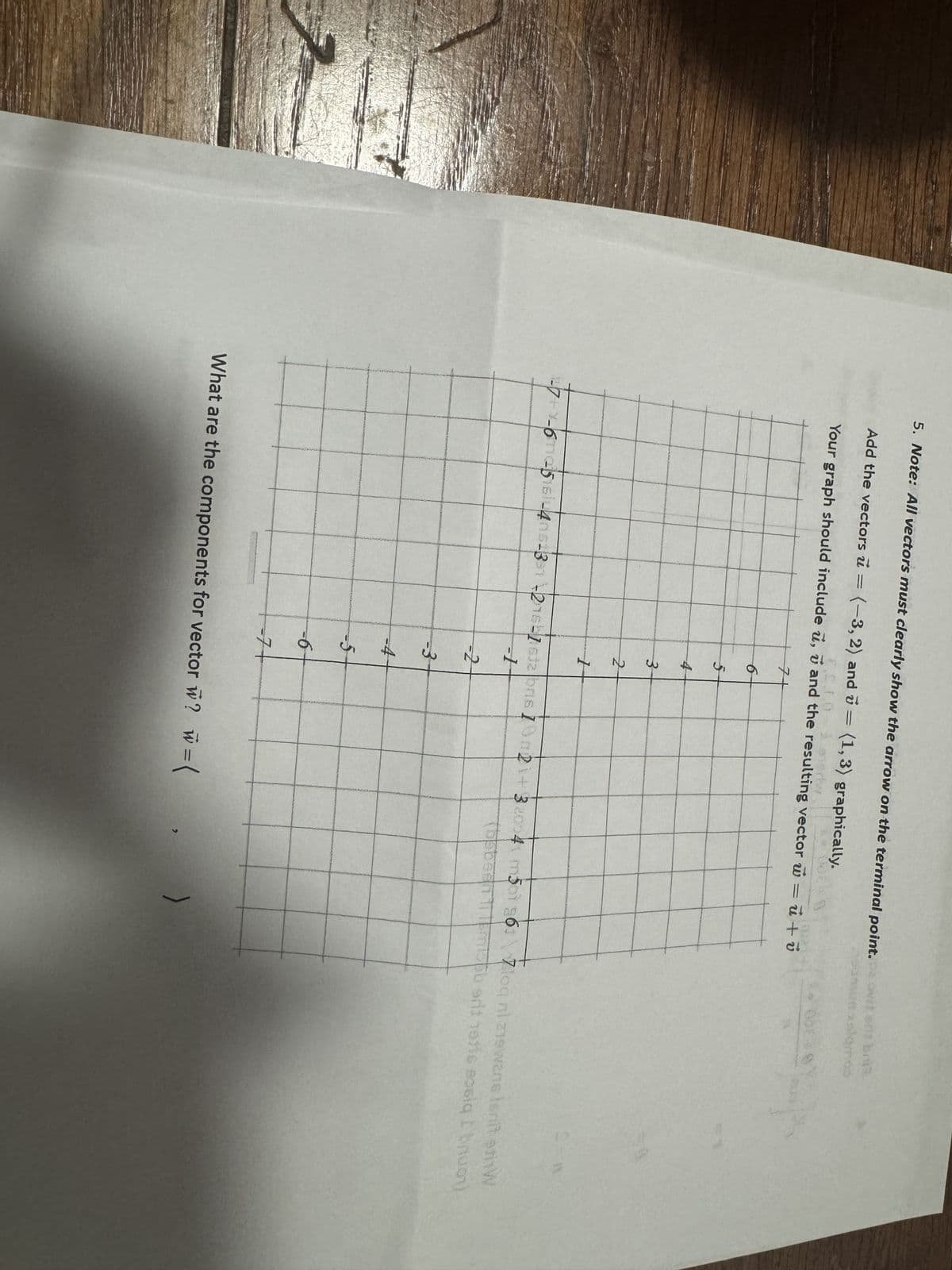 5. Note: All vectors must clearly show the arrow on the terminal point.
Add the vectors u = (-3, 2) and 7 = (1, 3) graphically.
$S10 & 91erw
Your graph should include u, u and the resulting vector wu+v
=
7+
octants
5
4
6
3
2
Z
7+1-675164062331-216-1632bris 70m21+ 320041 m5p1 g61 Zloq nil ziewans Isnit ethW
(bobsen 11 Tomisab edt hetis eosiq Ibnuo)
-1
-2
-3
-4
-5
-6
71
What are the components for vector w? w = (