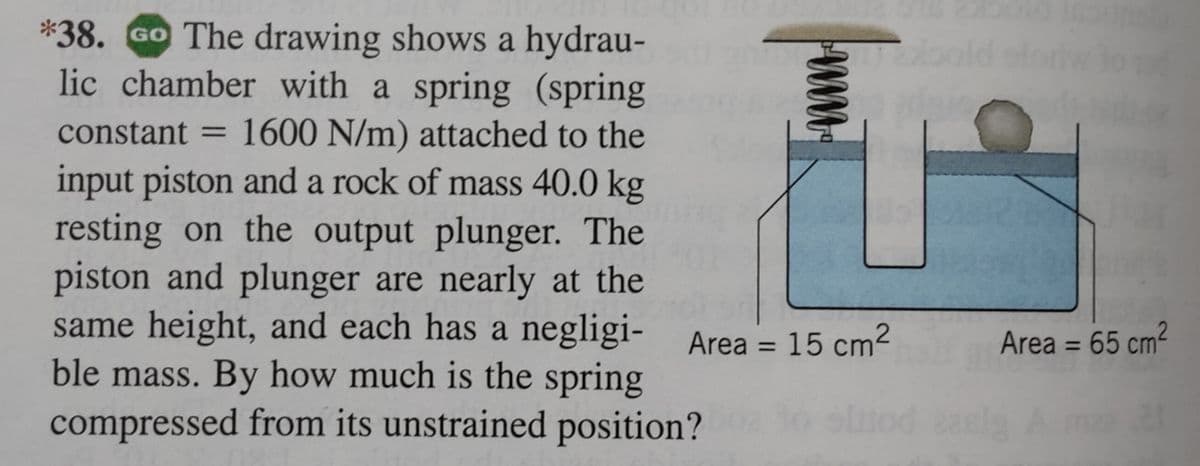 *38. Go The drawing shows a hydrau-
lic chamber with a spring (spring
constant = 1600 N/m) attached to the
input piston and a rock of mass 40.0 kg
resting on the output plunger. The
piston and plunger are nearly at the
same height, and each has a negligi- Area = 15 cm²
ble mass. By how much is the spring
compressed from its unstrained position?
www
Area = 65 cm²