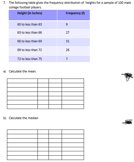 7. The following table gives the frequency distribution of heights for a sample of 100 male
college football players.
Height (in inches)
Frequency (f)
60 to less than 63
9
63 to less than 66
27
66 to less than 69
31
69 to less than 72
26
72 to less than 75
7
a) Calculate the mean.
b) Calculate the median