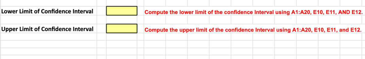 Lower Limit of Confidence Interval
Compute the lower limit of the confidence Interval using A1:A20, E10, E11, AND E12.
Upper Limit of Confidence Interval
Compute the upper limit of the confidence Interval using A1:A20, E10, E11, and E12.
