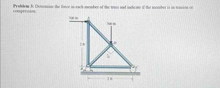 Problem 3: Determine the force in each member of the truss and indicate if the member is in tension or
compression.
700 lb
2 ft
B
700 lb
2 ft
c